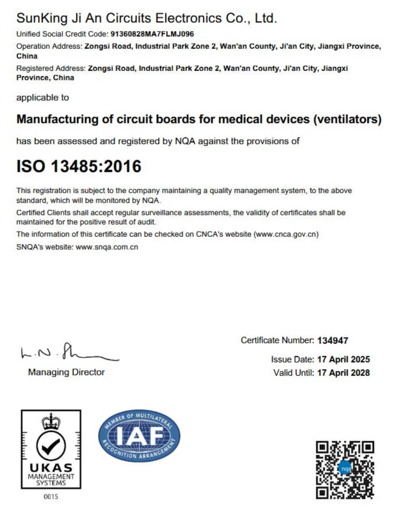 ISO 13485:2016 certificate 134947 — SunKing Ji An Circuits Electronics Co., Ltd.